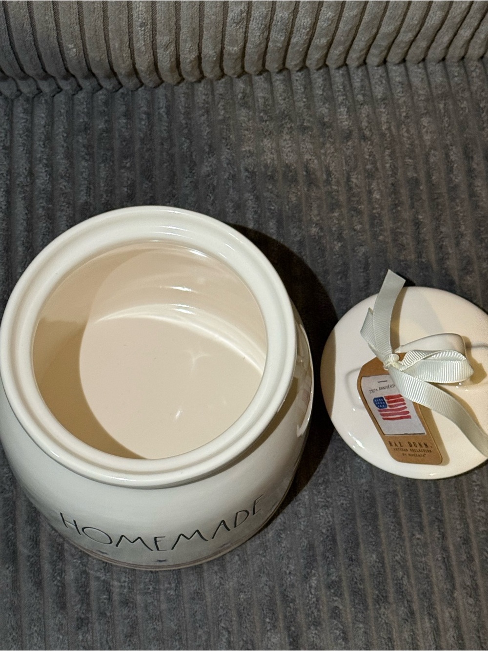Rae Dunn White Ceramic Canister with Red Stripes & Blue Stars- HOMEMADE- NWT - Picture 5 of 7